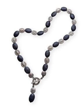 VINTAGE 28” Black Lava Stone Necklace w/ Silver Rose Beads & Toggle Clasp Rosary